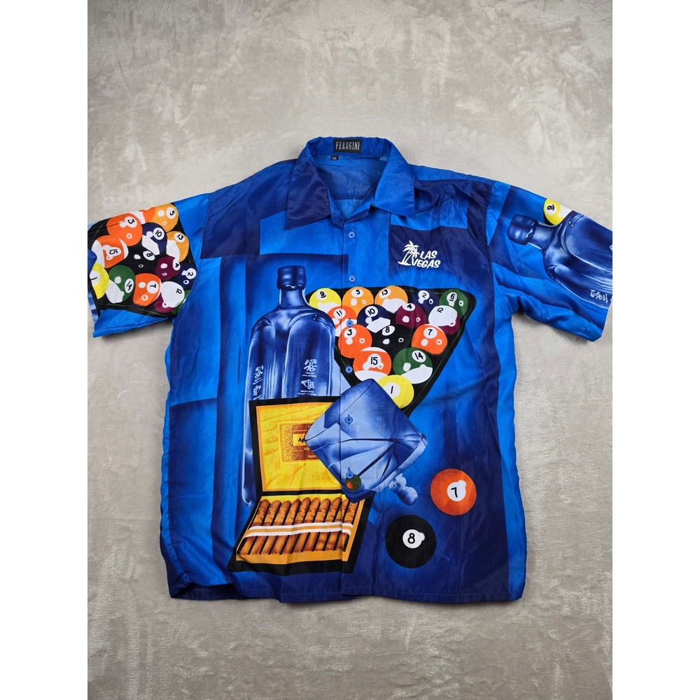 Ferugini Button Up Shirt Mens 2XL Blue Las Vegas Billiards Pool‎ Martini Graphic